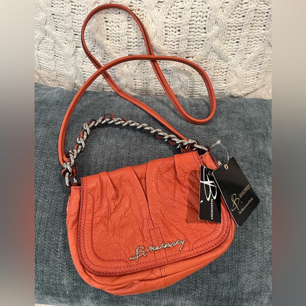 B Makowsky Leather Mini Crossbody Hand Bag Chain Strap Pumpkin/ Burnt Orange NWT